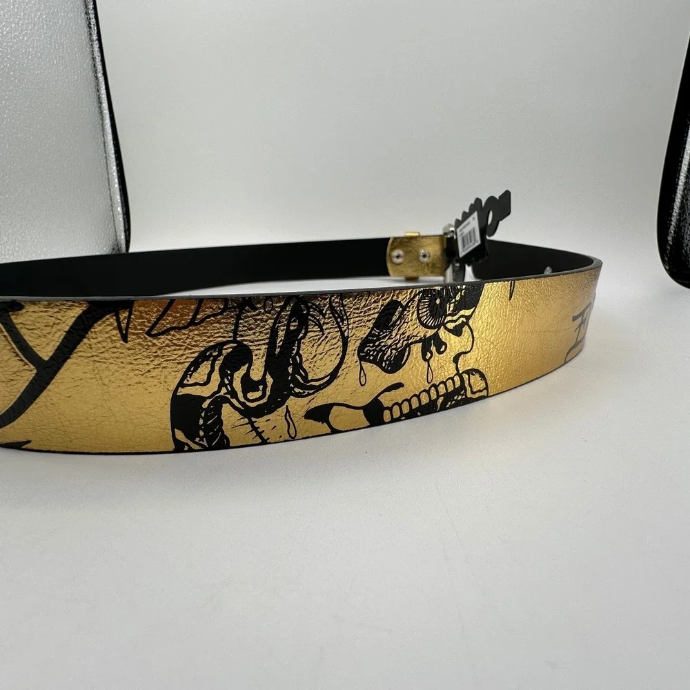 Ed Hardy Christian Audigier Belt Mens 34 Tiger Skull Tattoo Art Gold Color NEW